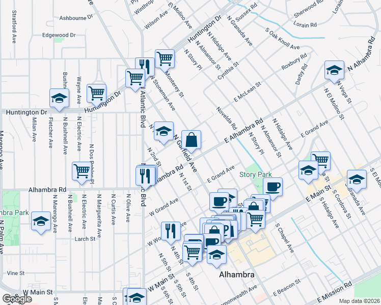 map of restaurants, bars, coffee shops, grocery stores, and more near in Alhambra