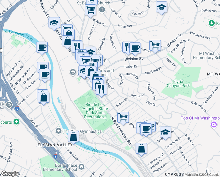 map of restaurants, bars, coffee shops, grocery stores, and more near 2842 Silver Street in Los Angeles