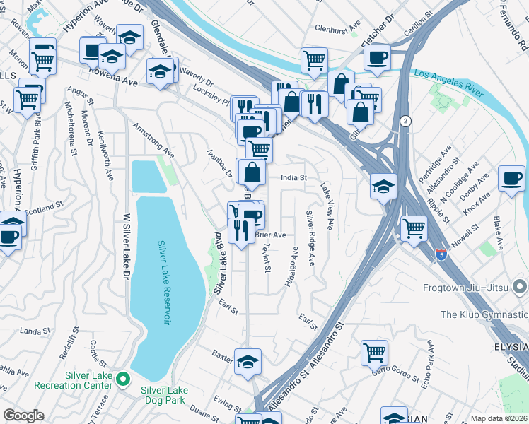 map of restaurants, bars, coffee shops, grocery stores, and more near 2421 Silver Lake Boulevard in Los Angeles
