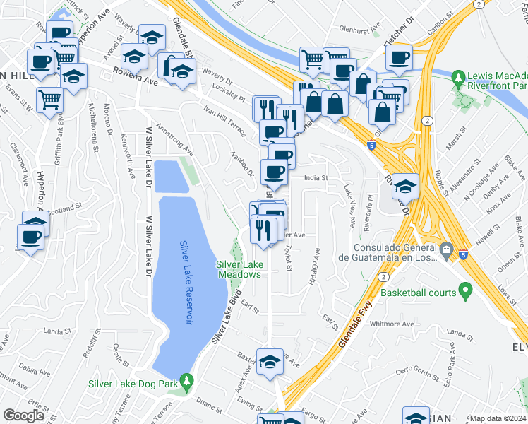 map of restaurants, bars, coffee shops, grocery stores, and more near 2402 Edgewater Terrace in Los Angeles