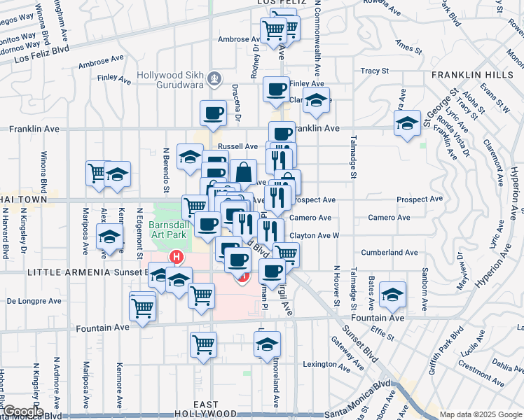 map of restaurants, bars, coffee shops, grocery stores, and more near 1639 Lyman Place in Los Angeles