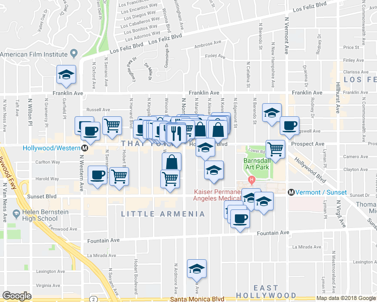 map of restaurants, bars, coffee shops, grocery stores, and more near 1641 North Normandie Avenue in Los Angeles