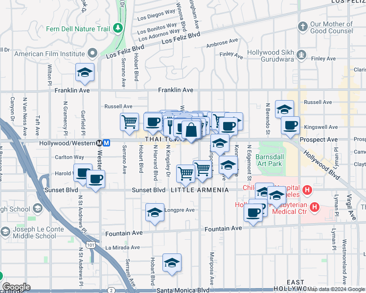 map of restaurants, bars, coffee shops, grocery stores, and more near 1638 Winona Boulevard in Los Angeles