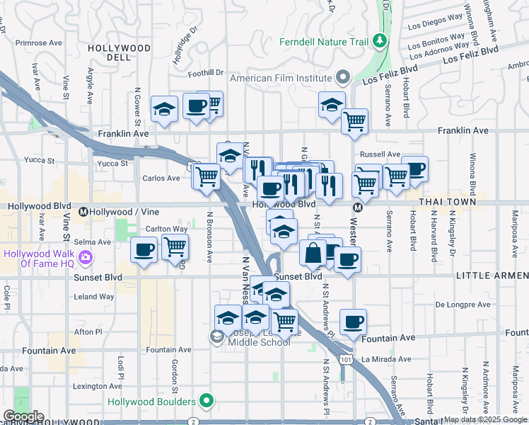 map of restaurants, bars, coffee shops, grocery stores, and more near 5705 Carlton Way in Los Angeles