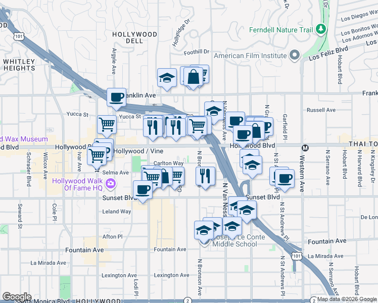 map of restaurants, bars, coffee shops, grocery stores, and more near in Los Angeles