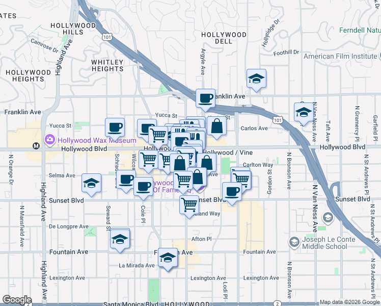 map of restaurants, bars, coffee shops, grocery stores, and more near in Los Angeles