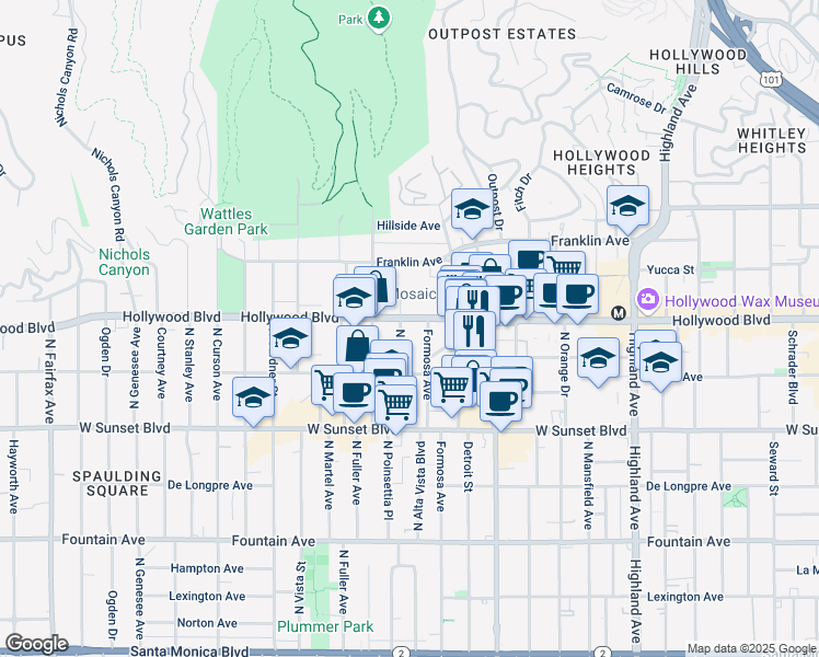 map of restaurants, bars, coffee shops, grocery stores, and more near 1643 North Formosa Avenue in Los Angeles