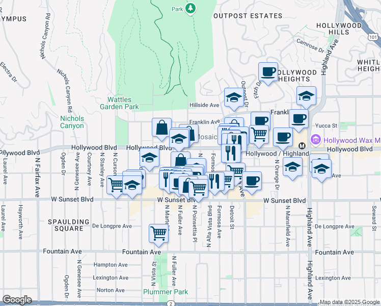map of restaurants, bars, coffee shops, grocery stores, and more near 1636 North Fuller Avenue in Los Angeles