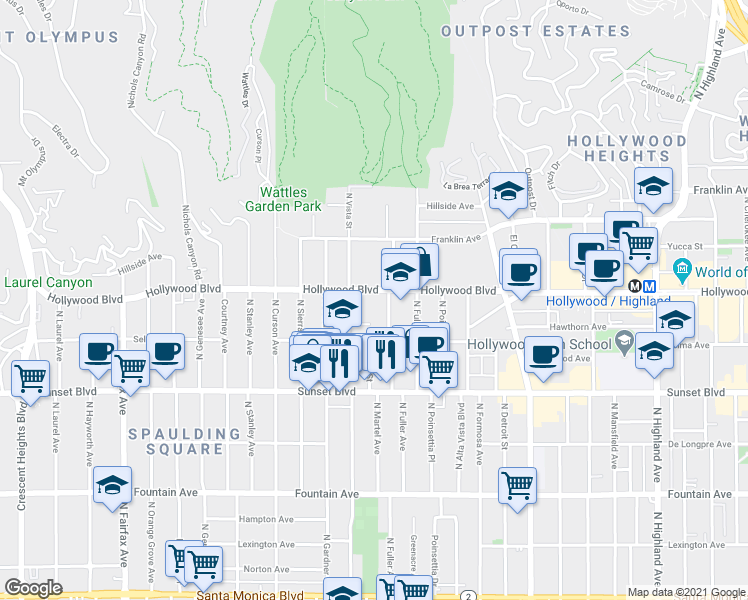 map of restaurants, bars, coffee shops, grocery stores, and more near 1636 North Vista Street in Los Angeles