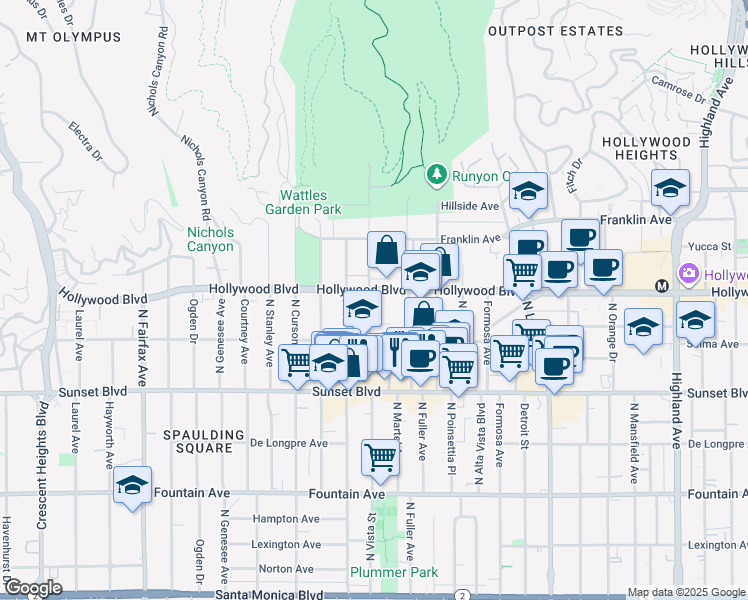 map of restaurants, bars, coffee shops, grocery stores, and more near 1636 North Vista Street in Los Angeles