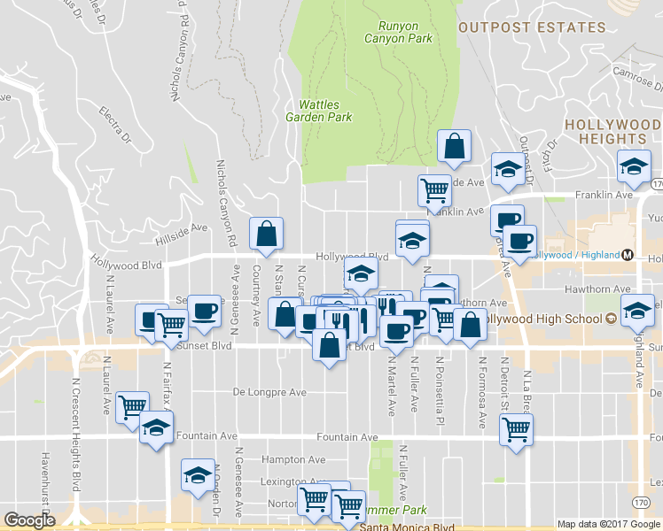 map of restaurants, bars, coffee shops, grocery stores, and more near in Los Angeles