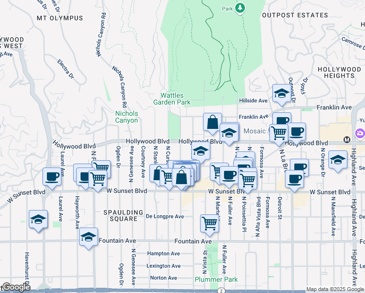 map of restaurants, bars, coffee shops, grocery stores, and more near 1638 North Curson Avenue in Los Angeles
