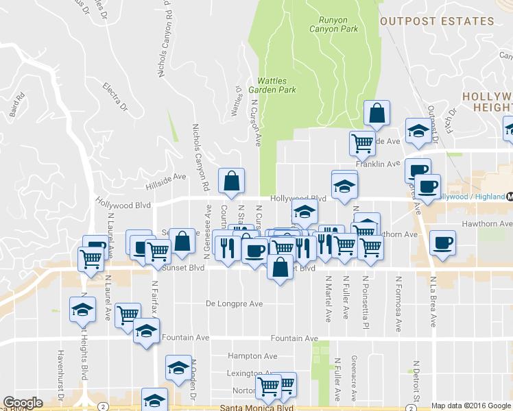 map of restaurants, bars, coffee shops, grocery stores, and more near 1638 North Curson Avenue in Los Angeles