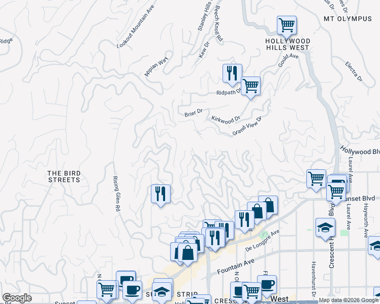 map of restaurants, bars, coffee shops, grocery stores, and more near 1680 Mountcrest Avenue in Los Angeles