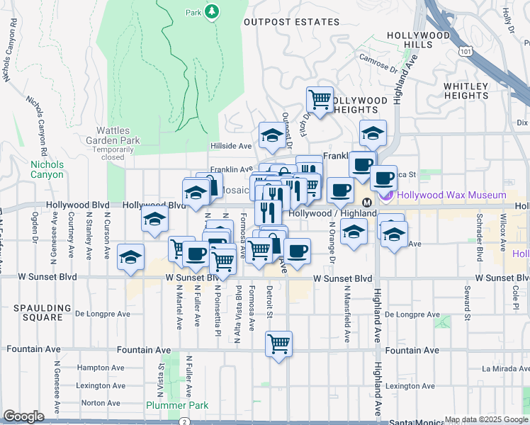 map of restaurants, bars, coffee shops, grocery stores, and more near 1647 North La Brea Avenue in Los Angeles