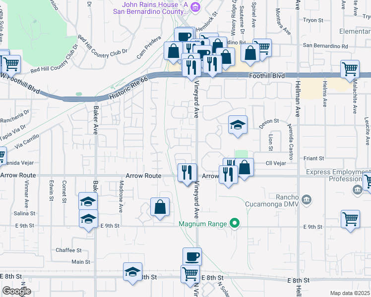 map of restaurants, bars, coffee shops, grocery stores, and more near 8853 Applewood Drive in Rancho Cucamonga