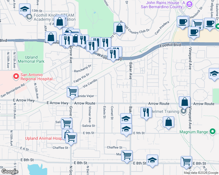 map of restaurants, bars, coffee shops, grocery stores, and more near 8405 Comet Street in Rancho Cucamonga