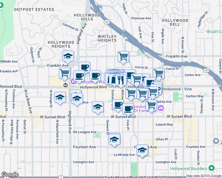 map of restaurants, bars, coffee shops, grocery stores, and more near 1650 Schrader Boulevard in Los Angeles