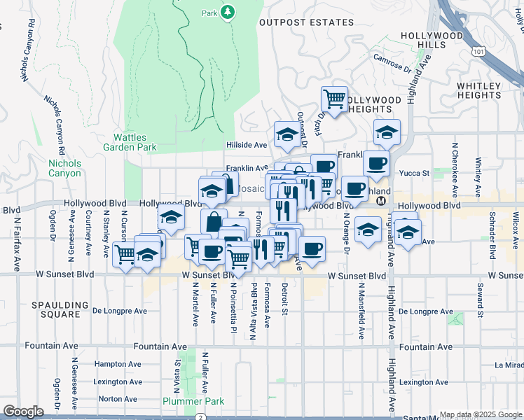 map of restaurants, bars, coffee shops, grocery stores, and more near 7130 Hollywood Boulevard in Los Angeles