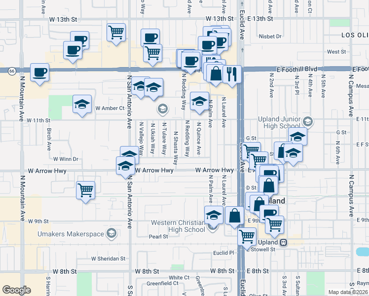 map of restaurants, bars, coffee shops, grocery stores, and more near 598 North Redding Way in Upland