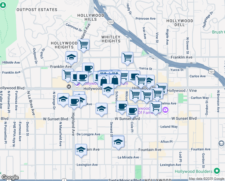 map of restaurants, bars, coffee shops, grocery stores, and more near 6608 Hollywood Boulevard in Los Angeles