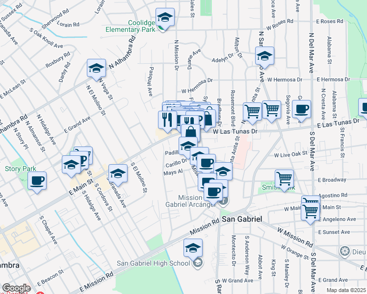 map of restaurants, bars, coffee shops, grocery stores, and more near 127 South Mission Drive in San Gabriel