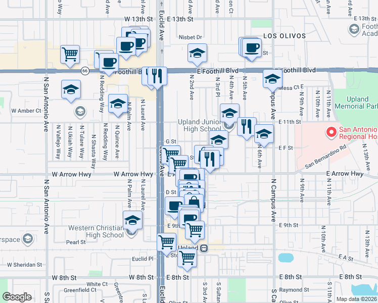 map of restaurants, bars, coffee shops, grocery stores, and more near 637 North 2nd Avenue in Upland