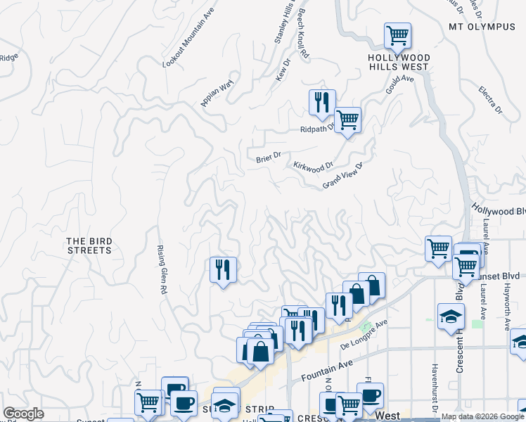 map of restaurants, bars, coffee shops, grocery stores, and more near 1713 Queens Court in Los Angeles