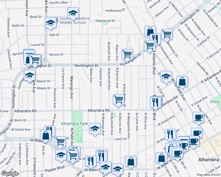map of restaurants, bars, coffee shops, grocery stores, and more near 803 North Bushnell Avenue in Alhambra