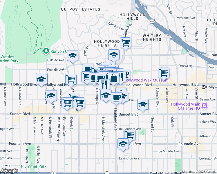 map of restaurants, bars, coffee shops, grocery stores, and more near 6834 Hollywood Boulevard in Los Angeles