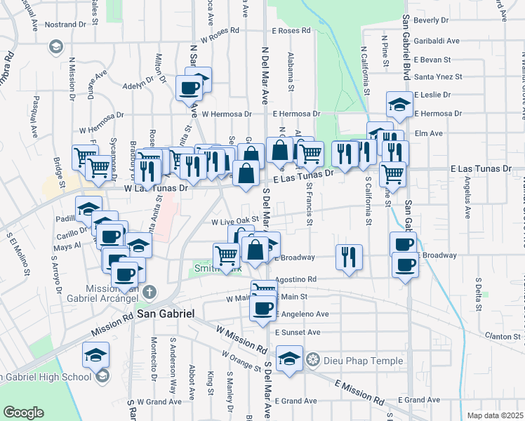 map of restaurants, bars, coffee shops, grocery stores, and more near 135 South Del Mar Avenue in San Gabriel