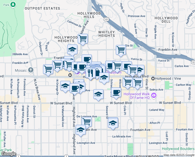 map of restaurants, bars, coffee shops, grocery stores, and more near 1646 North Cherokee Avenue in Los Angeles