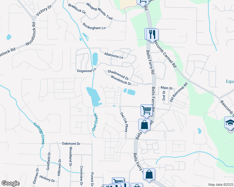 map of restaurants, bars, coffee shops, grocery stores, and more near 616 Tiller Way in Acworth