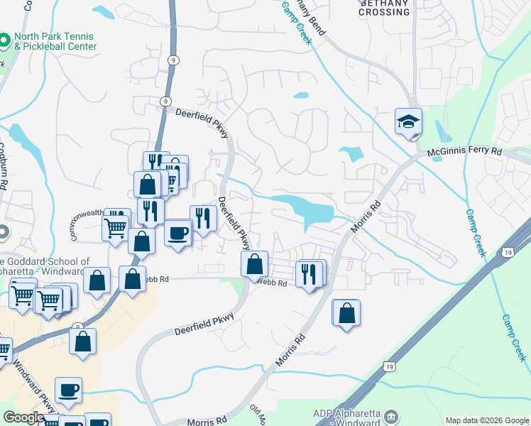 map of restaurants, bars, coffee shops, grocery stores, and more near 1308 North Park Lane in Milton
