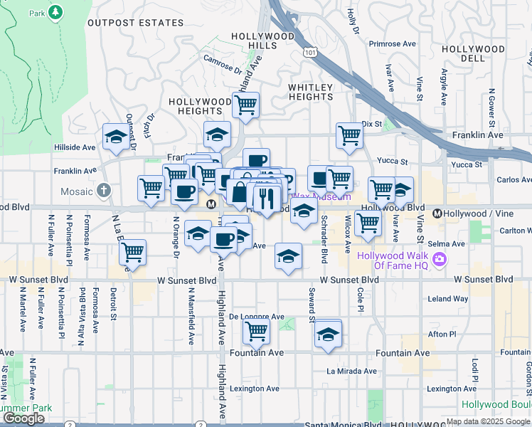 map of restaurants, bars, coffee shops, grocery stores, and more near 6712 Hollywood Boulevard in Los Angeles