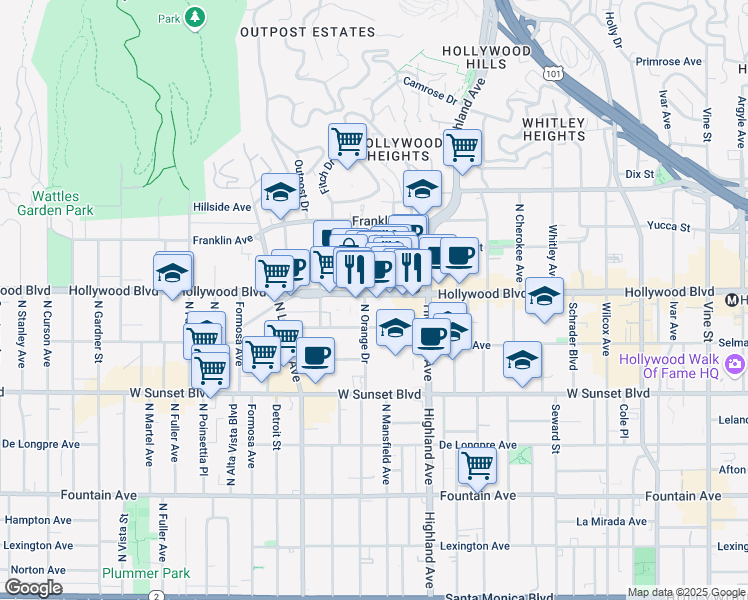 map of restaurants, bars, coffee shops, grocery stores, and more near 6922 Hollywood Boulevard in Los Angeles