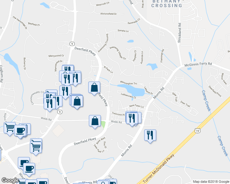 map of restaurants, bars, coffee shops, grocery stores, and more near 3349 Lathenview Court in Alpharetta
