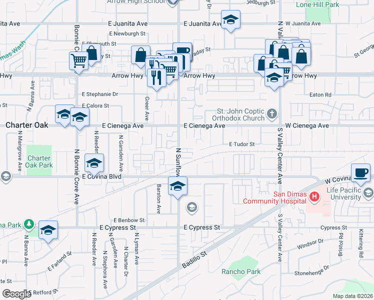 map of restaurants, bars, coffee shops, grocery stores, and more near in Covina