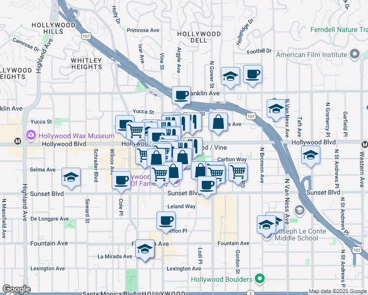 map of restaurants, bars, coffee shops, grocery stores, and more near 6200 Hollywood Boulevard in Los Angeles