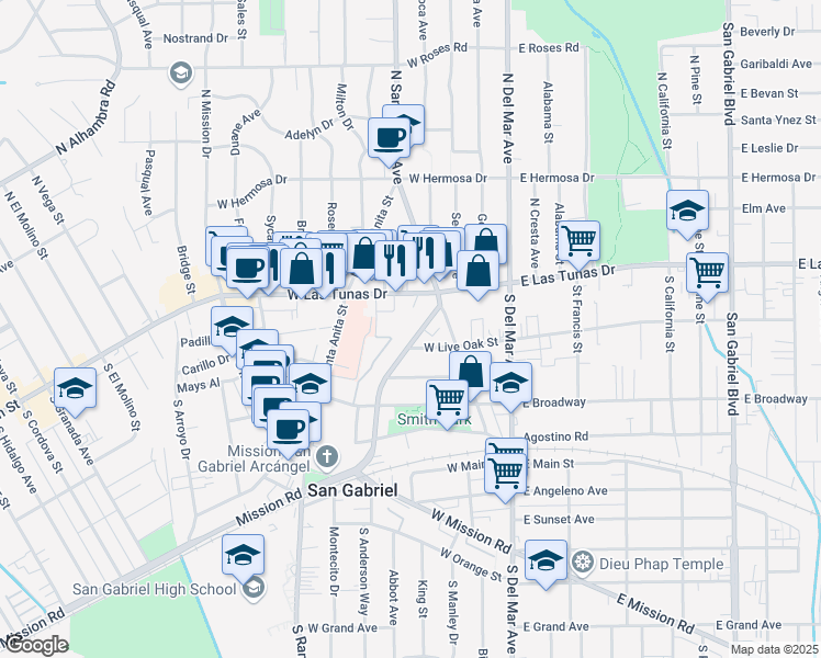 map of restaurants, bars, coffee shops, grocery stores, and more near 163 South Junipero Serra Drive in San Gabriel