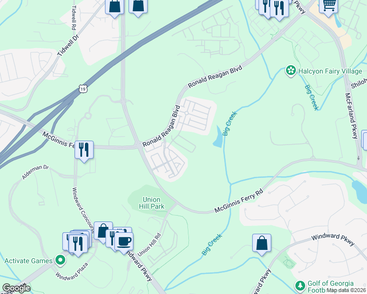 map of restaurants, bars, coffee shops, grocery stores, and more near 7980 Willoughby Court in Alpharetta