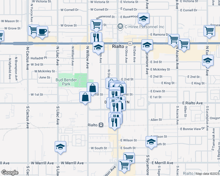 map of restaurants, bars, coffee shops, grocery stores, and more near 117 North Orange Avenue in Rialto