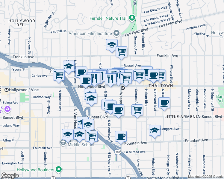 map of restaurants, bars, coffee shops, grocery stores, and more near 5545 Carlton Way in Los Angeles