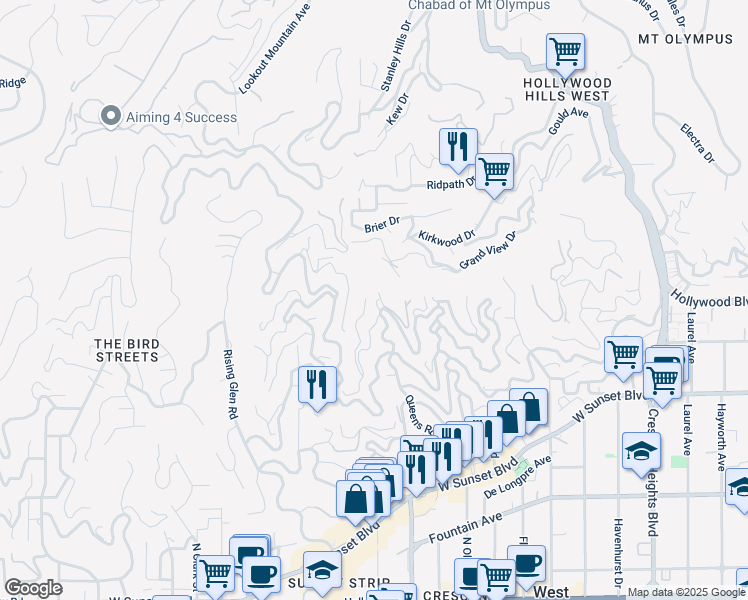 map of restaurants, bars, coffee shops, grocery stores, and more near 1713 Queens Court in Los Angeles
