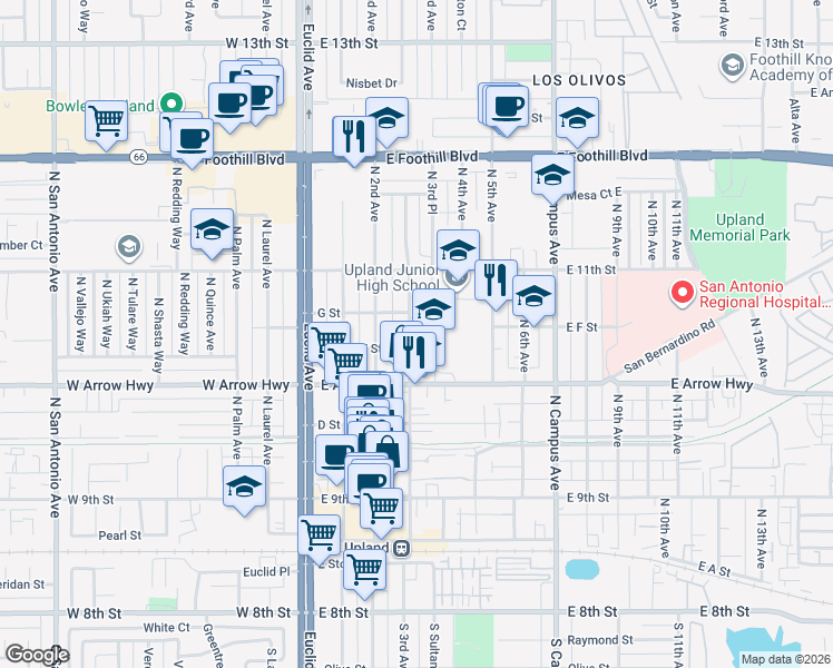 map of restaurants, bars, coffee shops, grocery stores, and more near 640 North 3rd Avenue in Upland