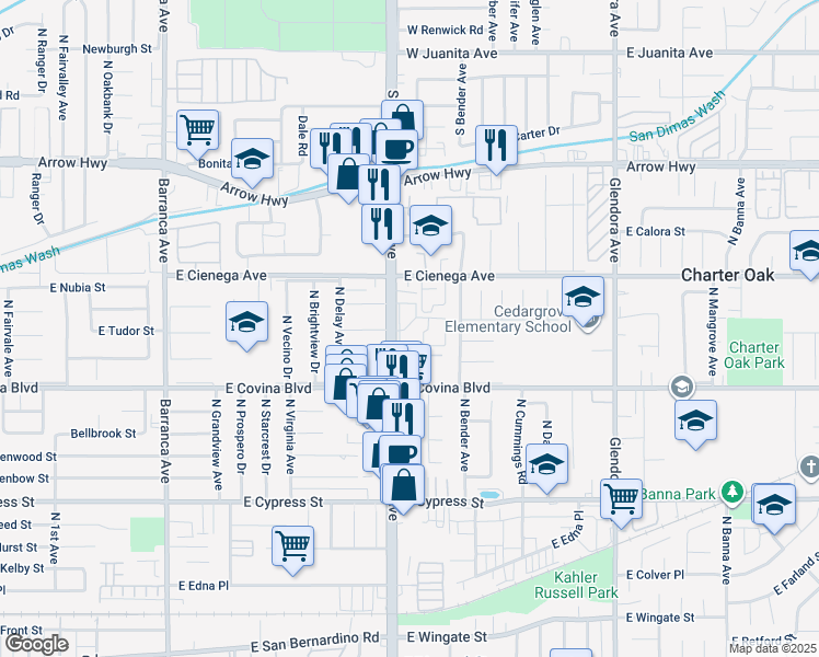 map of restaurants, bars, coffee shops, grocery stores, and more near 4900 North Grand Avenue in Covina