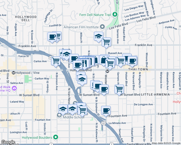 map of restaurants, bars, coffee shops, grocery stores, and more near 5633 Carlton Way in Los Angeles