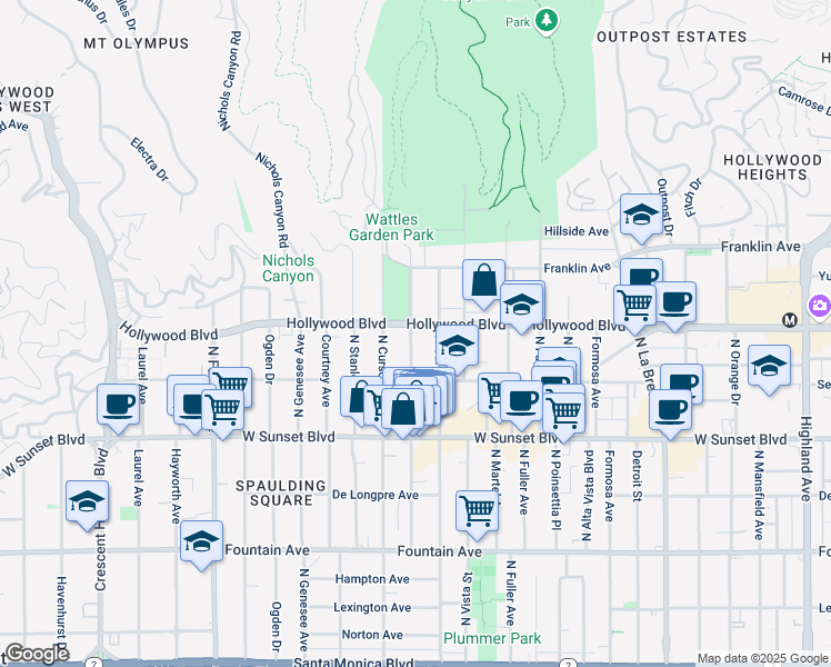 map of restaurants, bars, coffee shops, grocery stores, and more near 1646 North Sierra Bonita Avenue in Los Angeles