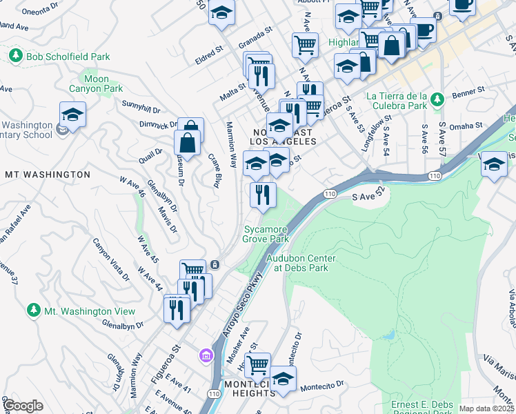 map of restaurants, bars, coffee shops, grocery stores, and more near 4733 Woodside Drive in Los Angeles