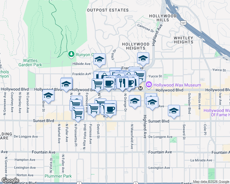 map of restaurants, bars, coffee shops, grocery stores, and more near 7000 Hollywood Boulevard in Los Angeles